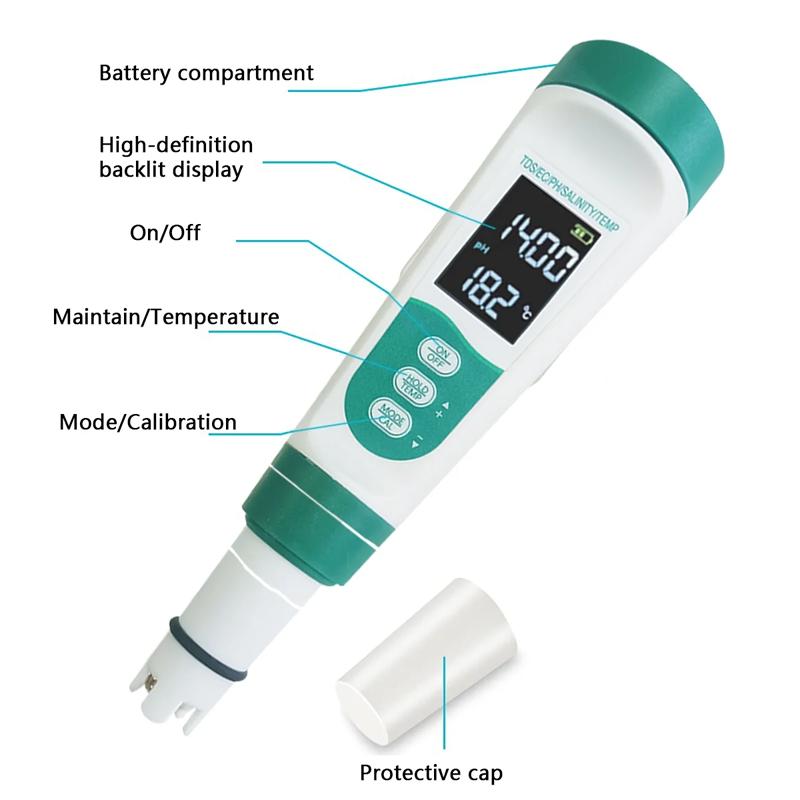 2026 Factory Direct Smart Multifunction 5 in 1 Water Tester PH EC TDS Salinity Temp Meter 0.05 Accuracy