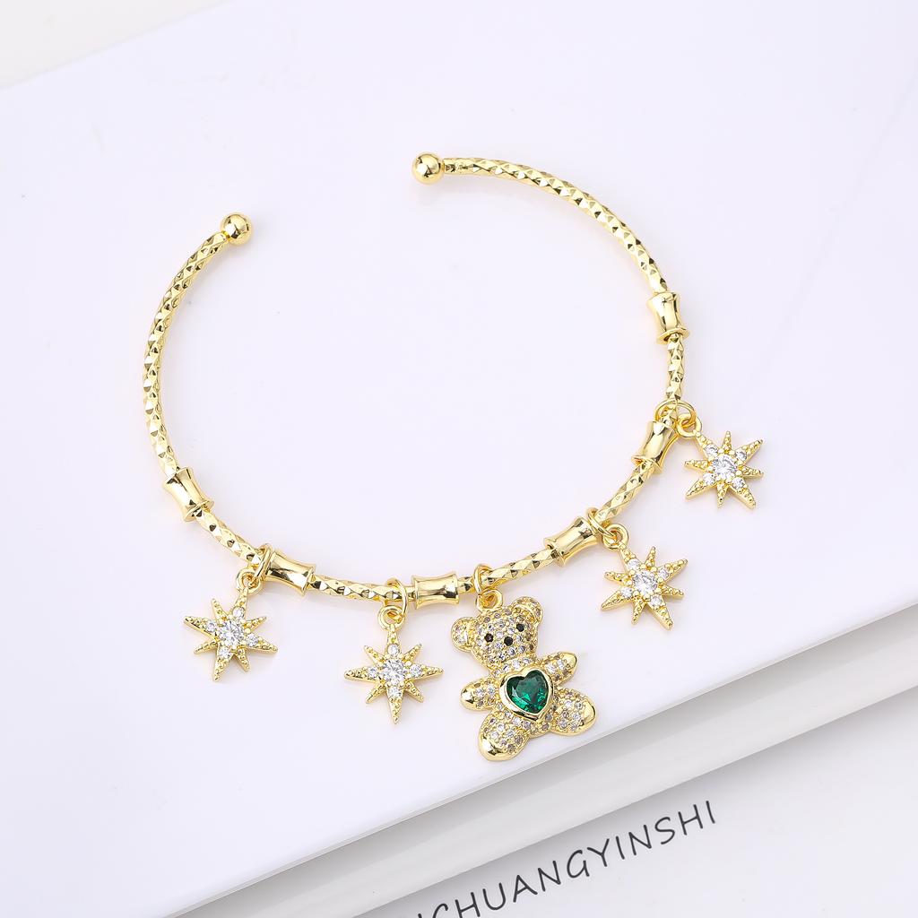 Heart-Shaped Crystal Bear Animal Candy Bracelet for Women Copper Gold Plated Hoops Zircon Bangles Dainty Jewelry Party Gifts