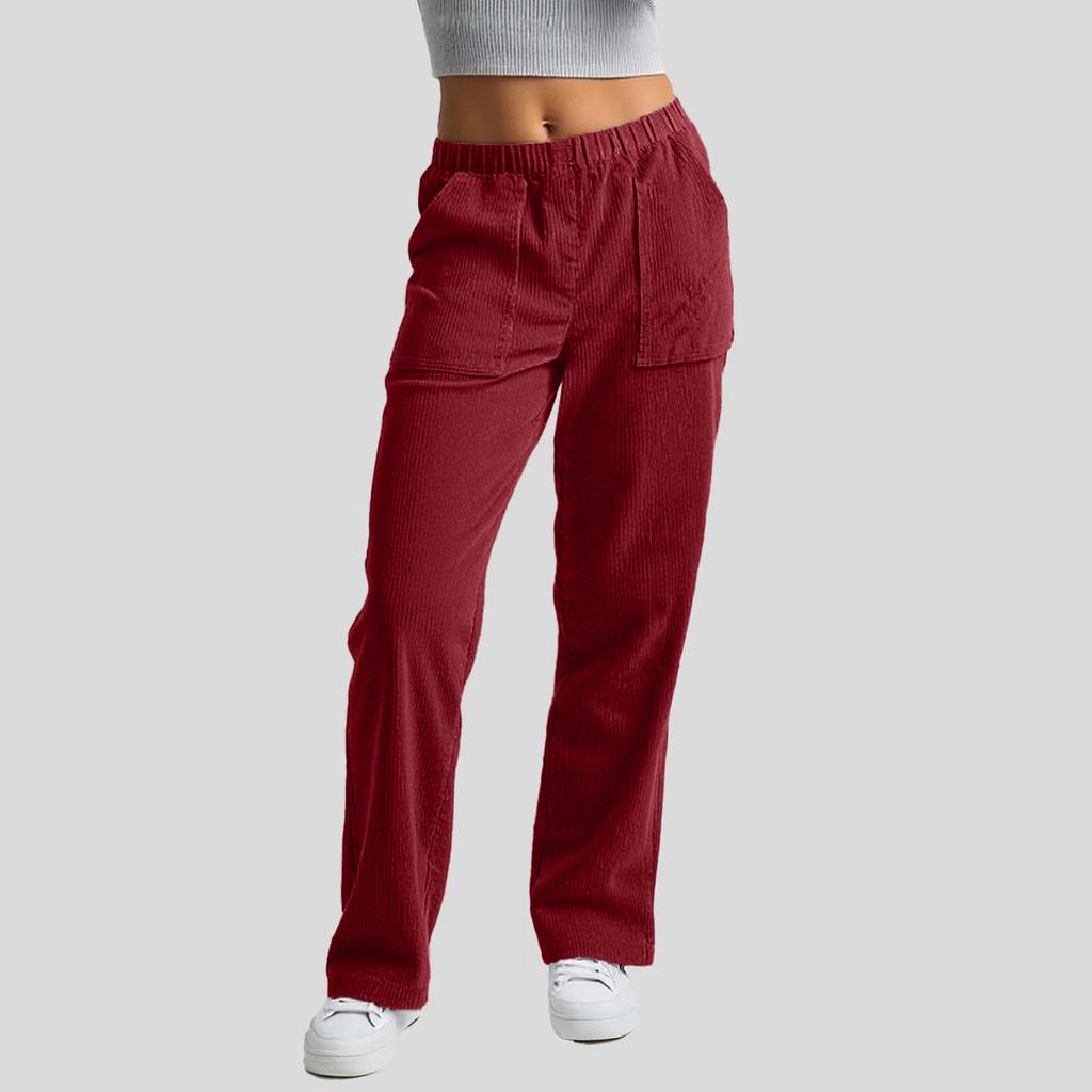 Women's Corduroy Straight Leg Pants with Elastic Waist, Casual Trousers for Everyday Wear
