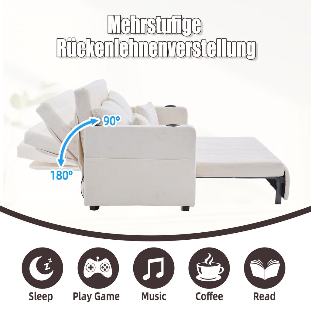 Multifunctional Sofa, Folding Sofa, Usable as Sofa or Bed, Storage Pockets on Armrests, USB Charging Function and Drink Holders (Beige Chenille)