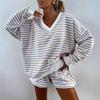 Women's Loose Fit Two-piece Outfit Set Long Sleeve V Neck Top Elastic Waist Shorts Striped Casual Tracksuit