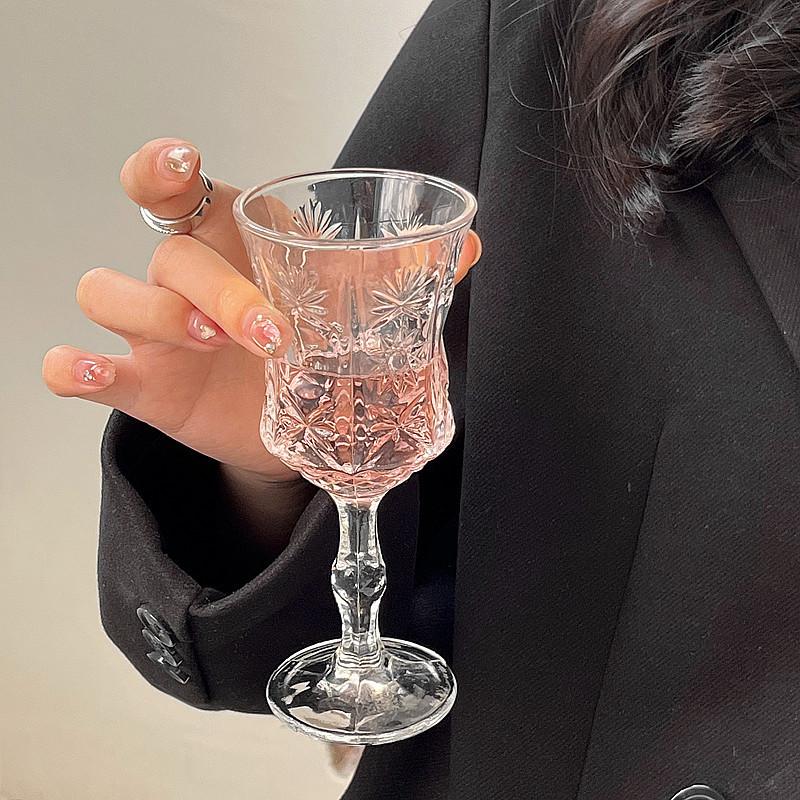 Ins Cute Cup Horn Transparent Glass Goblet Large Opening Simple Red Wine Glass Embossed Champagne Cold Drink Cup