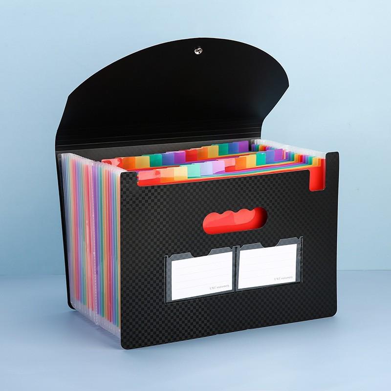 A4 Black Plaid Accordion Bag: Large Capacity, Flip Cover, PP Lanyard, Three-Sided Seal, Stand-Up Design, Rainbow Accordion.