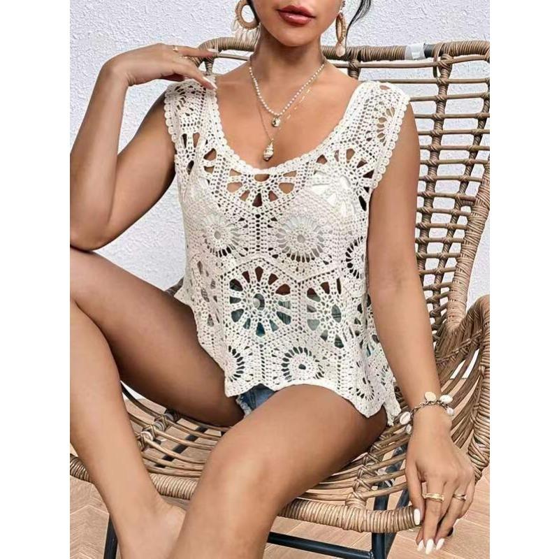 T-Shirt Women Knitting Lace Vest O-Neck Hollow Summer Style Basic Tops Tees Loose Clothing