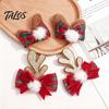 Decorative Antler Hair Pins 2Pcs Christmas Clips with Plaid Bows and Pom Poms Decor, Festive Holiday Winter Party Accessories for Women Girls,