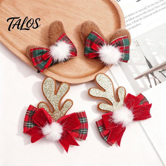 Decorative Antler Hair Pins 2Pcs Christmas Clips with Plaid Bows and Pom Poms Decor, Festive Holiday Winter Party Accessories for Women Girls,