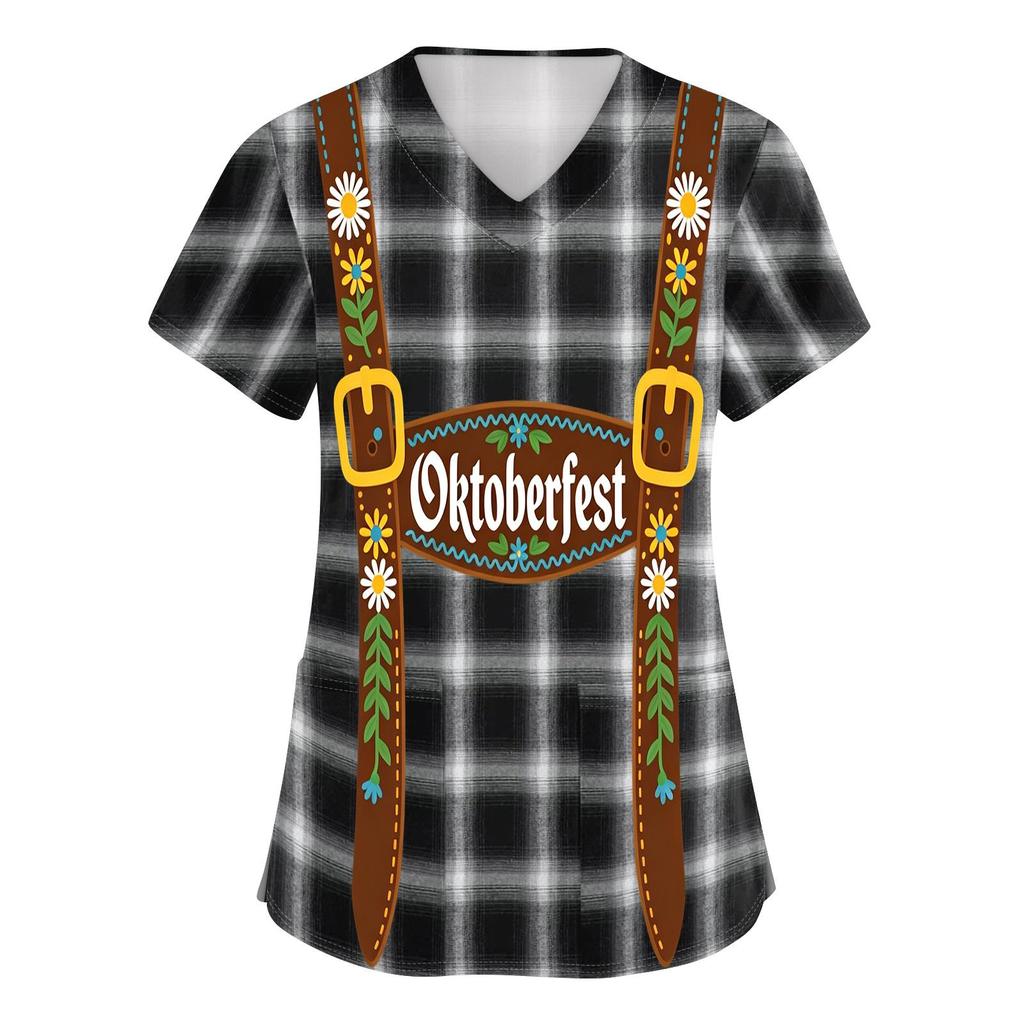 Damskjorta med V-ringning och korta ärmar, med fickor, Oktoberfest-tryck, medicinsk arbetsklädsel, bekväm passform, lätt tyg