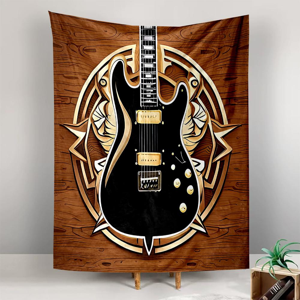 Vertical Tapestry Black Electric Guitar Wood Grain Shield Emblem Tapestry Wall Hanging Men Cave Decor Gift
