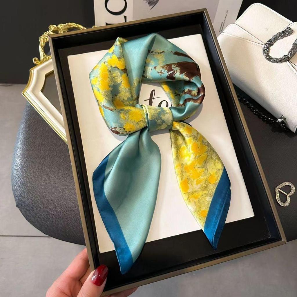 High-End Women's Lightweight Silk Square Scarf - Temperament Print Neckerchief for Neck Protection and Decoration.