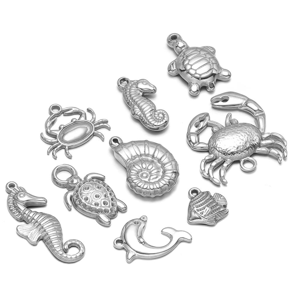 5Pcs Summer Ocean Dolphin Seahorse Crab Turtles Stainless Steel Pendant for DIY Earrings Making Necklace Bracelet Accessories