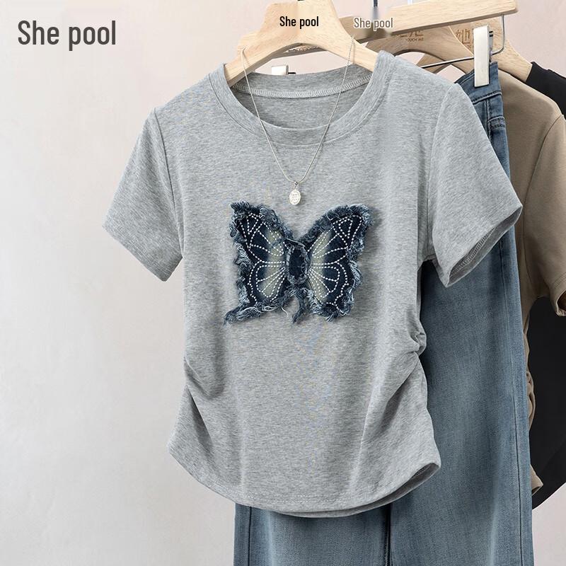 She Pool Women s Butterfly Applique Round Neck T-Shirt S