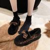 [Yushilai] Fashion leopard print bow loafers women's 2025 winter new thick-soled velvet thermal cotton shoes