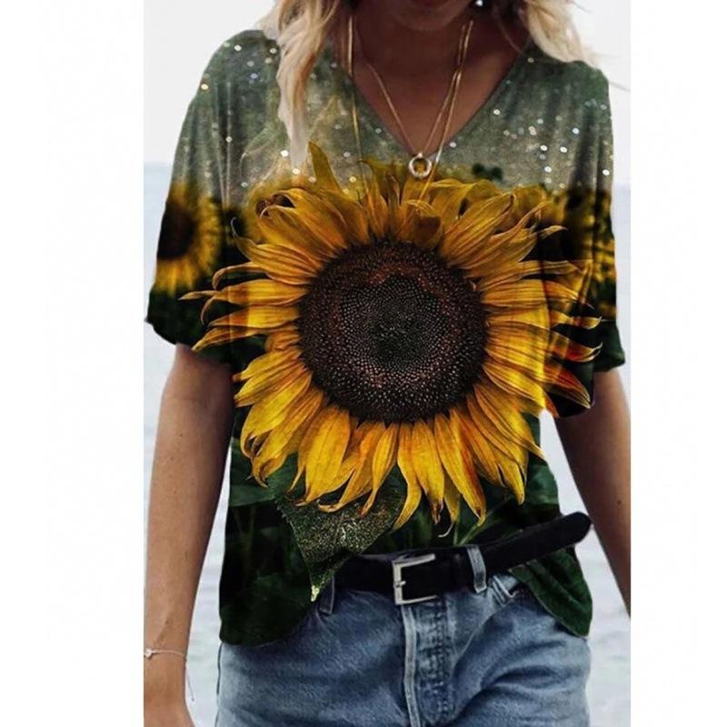 V-neck T Shirts Street 3D Printed Tees Short Sleeved Floral Bird Loose T-shirt for Women