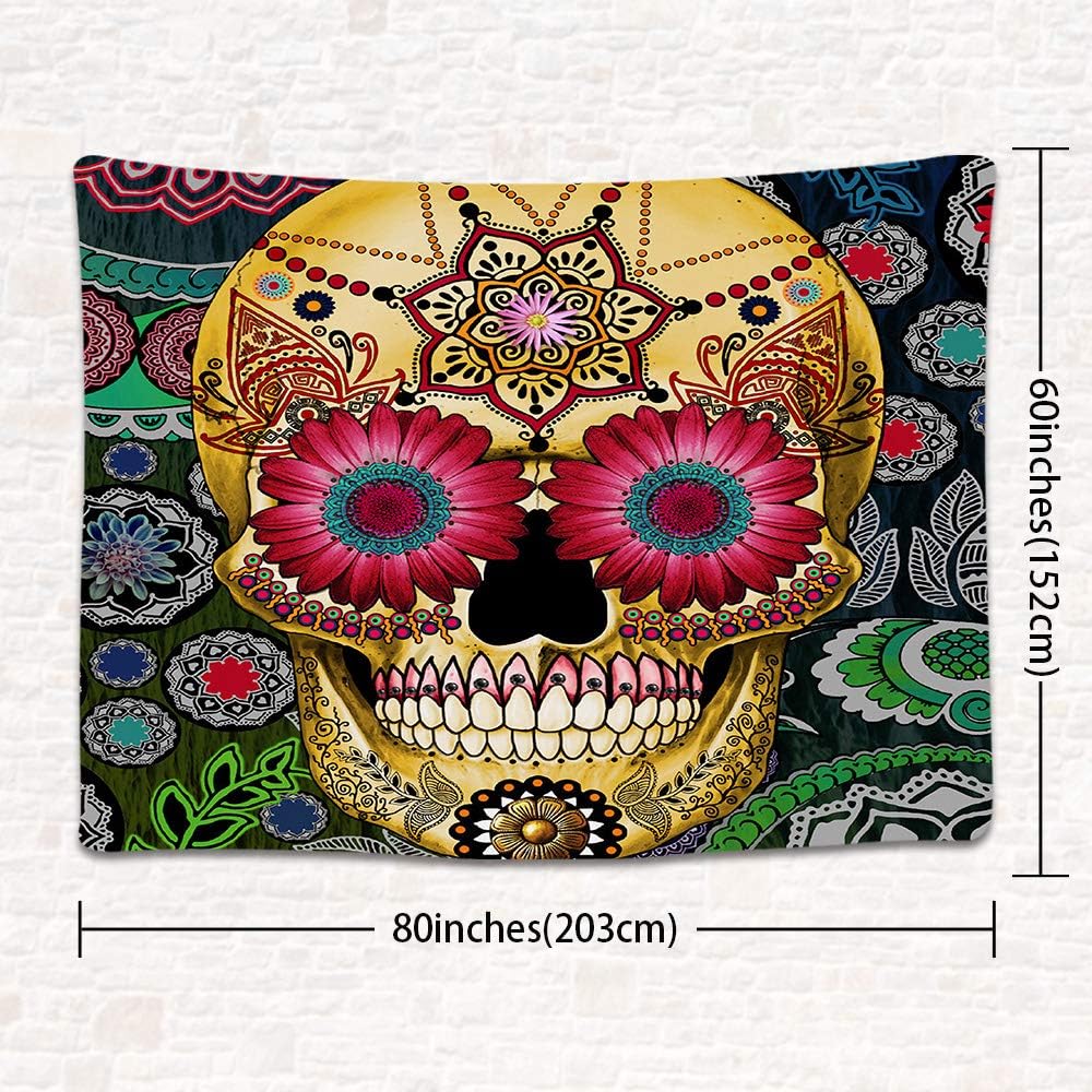 UHOMETAP Sugar Skull Tapestry, Day of The Dead theme Wall Art Bohemian Skull with Flowers Home Decor Tapestries for Bedroom Living Room Dorm Office