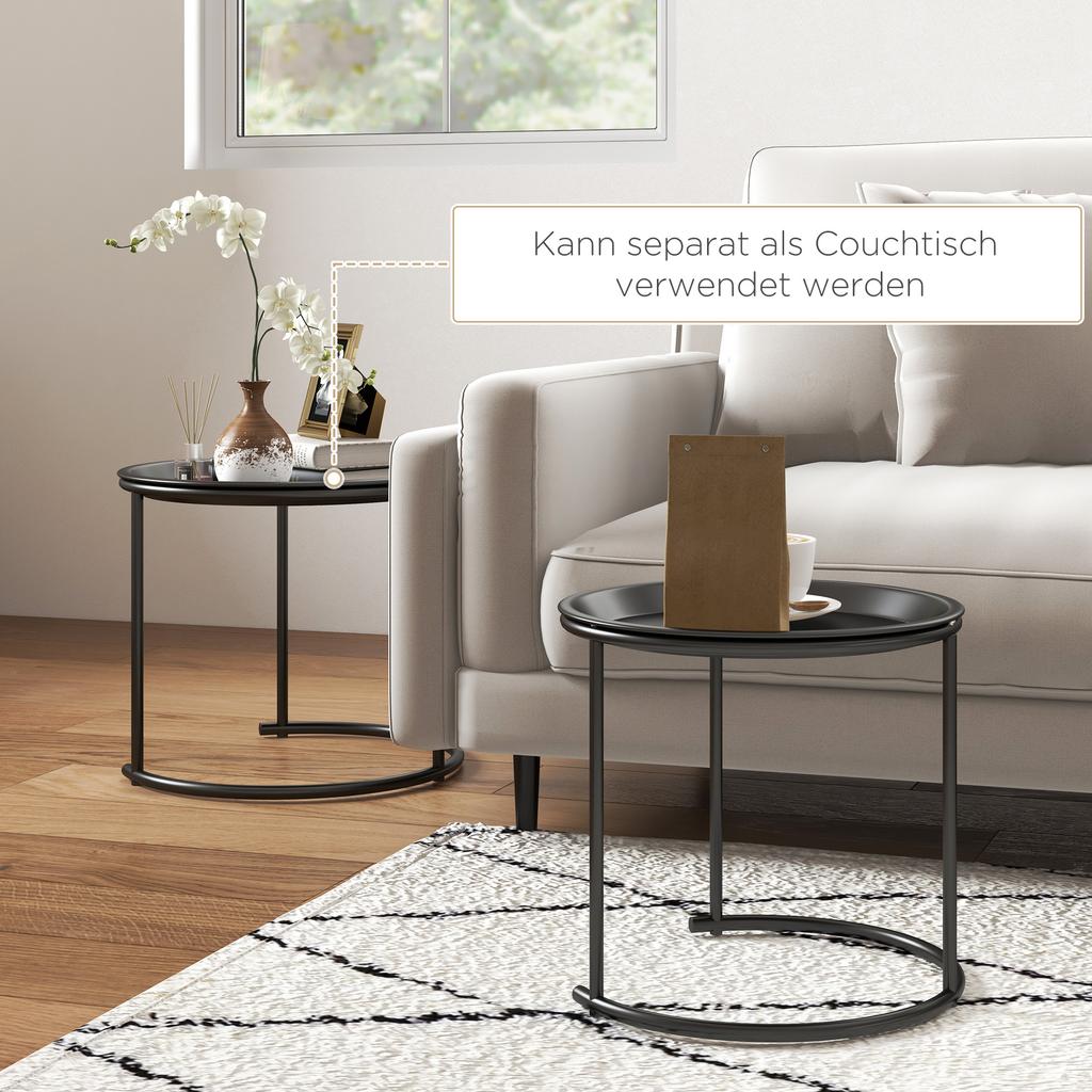 Nesting Tables Set of 2, Side End Table with Removable Tabletop Tray and Steel Frame for Living Room, Bedroom, Black