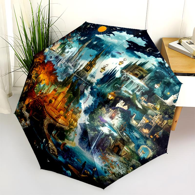 Dreamy Garden Castle Pattern, Automatic Folding Umbrella, Portable and Foldable Design, 8 Ribs, a Christmas or Birthday Gift.