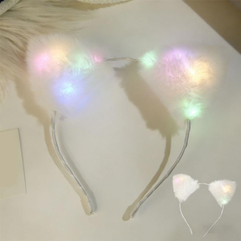 Comfortable Lovely Kitten Ear Headbands With Glowing LED Light For Halloween Christmas Parties Plush Headwear
