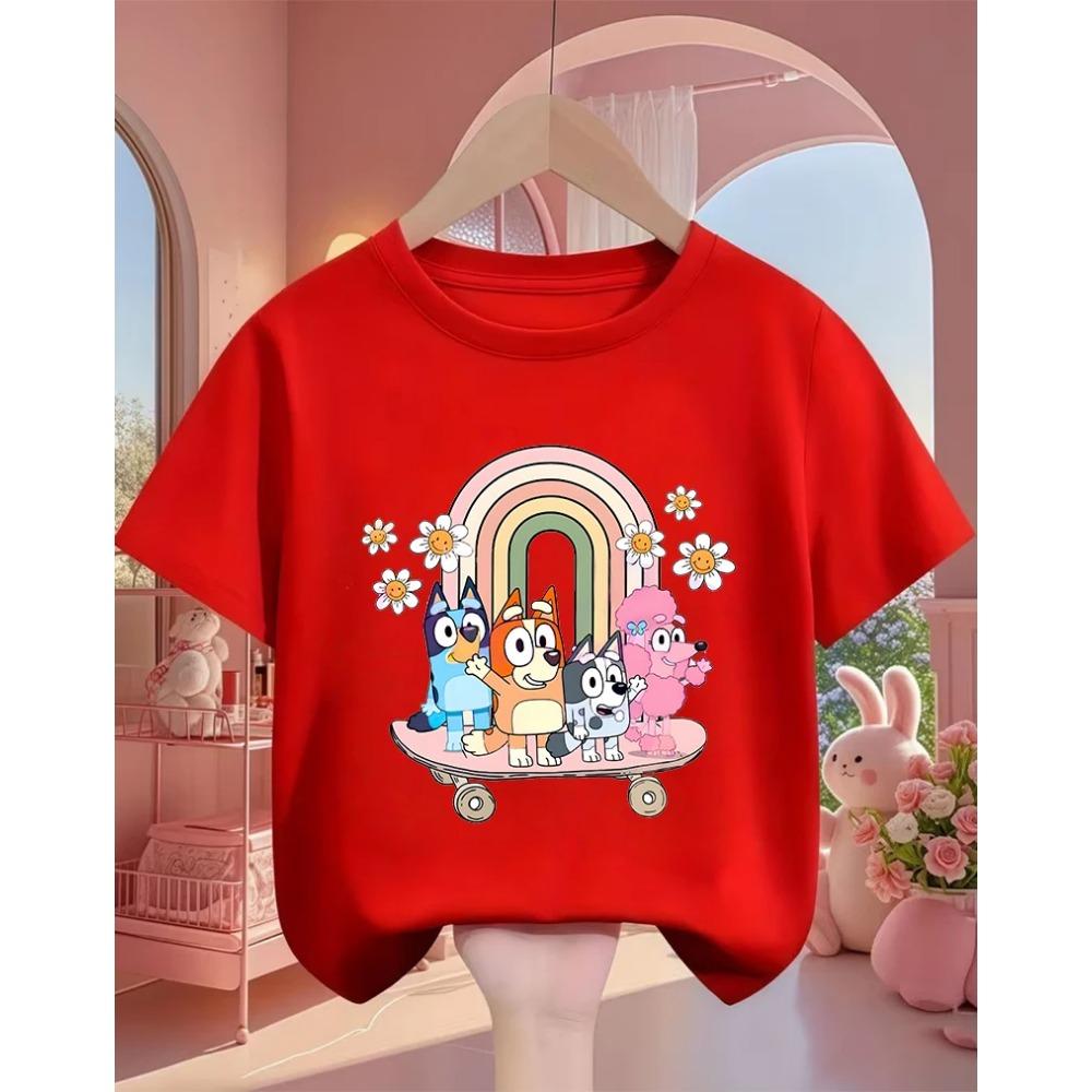 Kids Casual Tee Street Fashion Bluey Popular Cartoon Print For Boys Girls Summer Soft Comfort Tops 3-14 Age