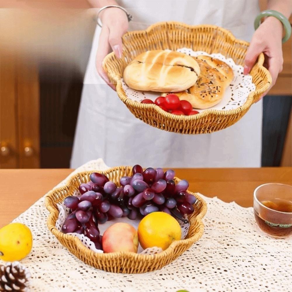 Round Base Imitation Rattan Basket Flower Shape Woven Bread Plate Fruit Serving Tray Living Room