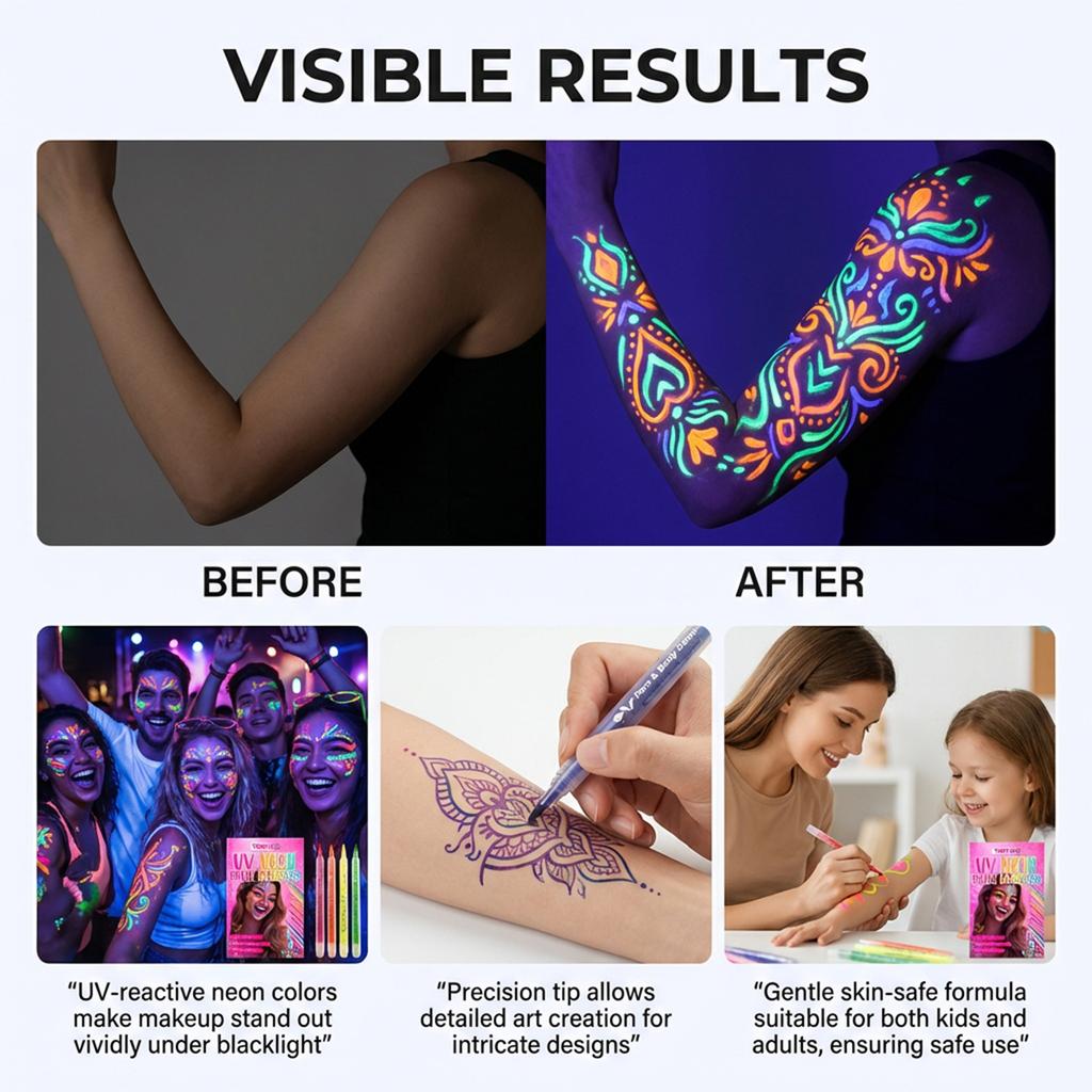 Facial And Body Painting Pigment Set Glowing Makeup With Black Light Effect, Emits Light, Easy To Apply And Clean Up.8ML