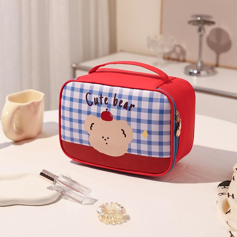 Cute plaid makeup bag, girl's heart, large capacity skincare product compartment storage bag, portable travel and outdoor groomi