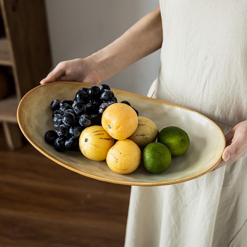Retro Coarse Pottery Large Plate Japanese Boat Plate Household Fruit Plate Tableware Large Vegetable Plate Restaurant Plate Large Fish Plate