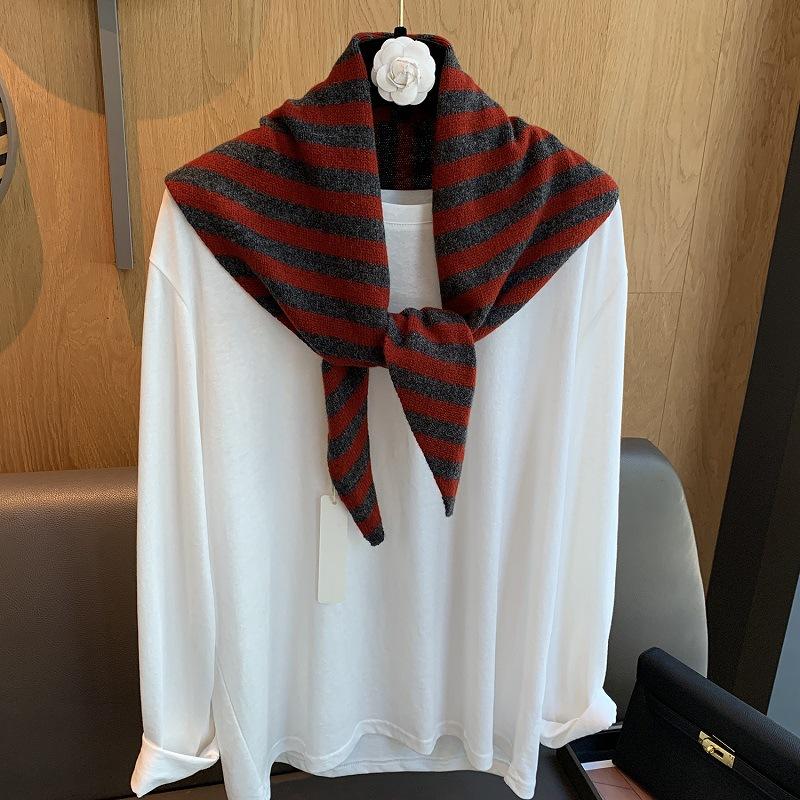 British Korean Niche  Wool Knitted Triangular Scarf Women Stripe Headscarf Knitted Scarf Multi-Functional Warm Knitted Scarf
