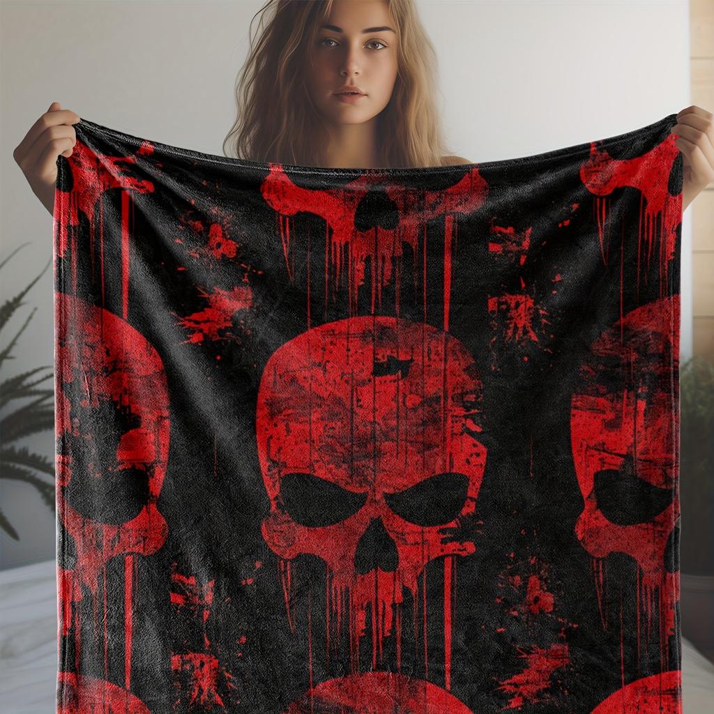 Vintage Red Skull Printed Fleece Blanket: Warm, Comfortable, and Soft for Sofa, Bed, Car, Office, Camping, Travel