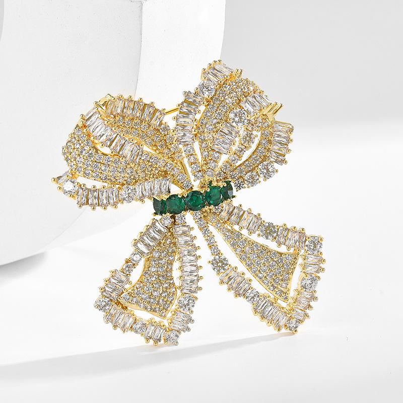 Европейская Мода Зеленая Брошь-Бант Женская Микро-Инкрустация Цирконами Легкая Роскошь Элегантный Дизайн Булавка-Корсаж Аксессуары золотой