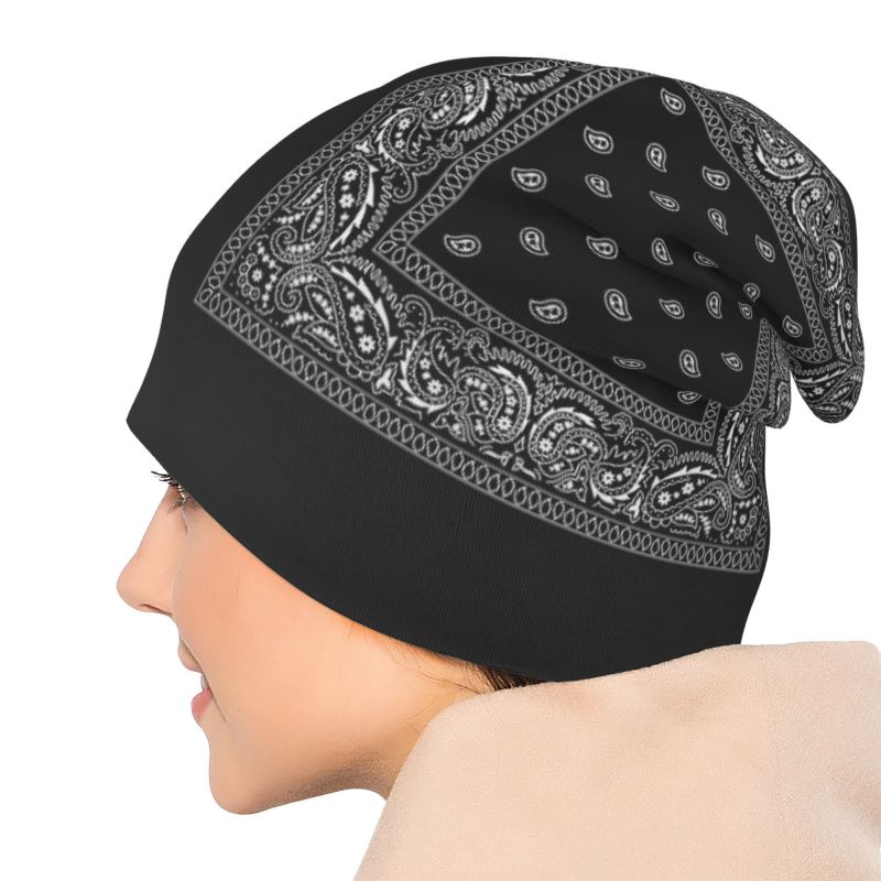Colorful Paisley Black Bandanna Border Scarf White Beanie Hat Warm Bonnet Cap Unisex Knit Hats Headwear Skullies Beanies