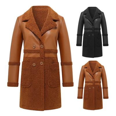 Autumn Winter Women Jacket Thickened Plush Faux Leather Patchwork Mid Length Plus Size