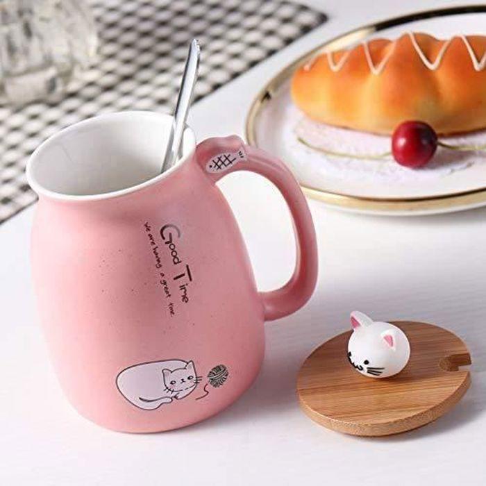 Tasse à café - mengcat - lovely kitty - céramique - couvercle en bois - cuillère en acier inoxydable