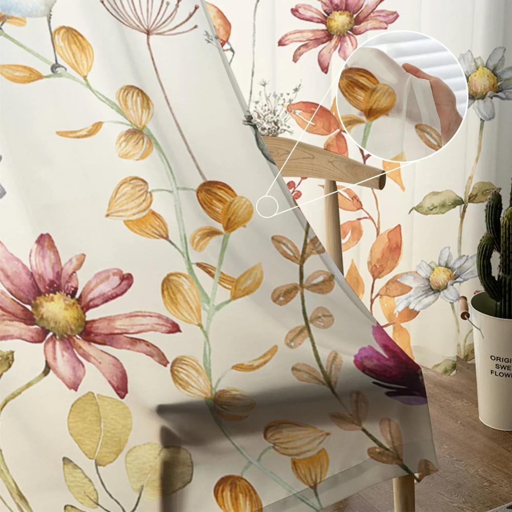 Herbstpflanze, Wildblumen, Gänseblümchen, Vogel, transparente Vorhänge, Fensterdekoration, Voile-Tüllvorhänge für Wohnzimmer, Schlafzimmer, Küche