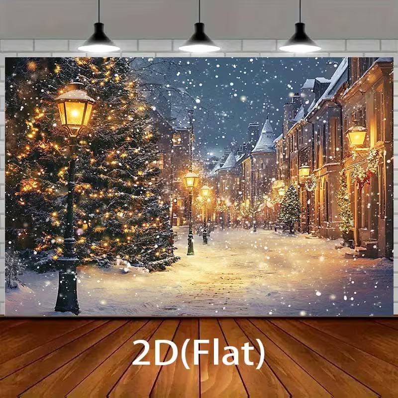 2D Christmas Night Street Scene Backdrop with Lamps & Snowflakes for Holiday Decoration