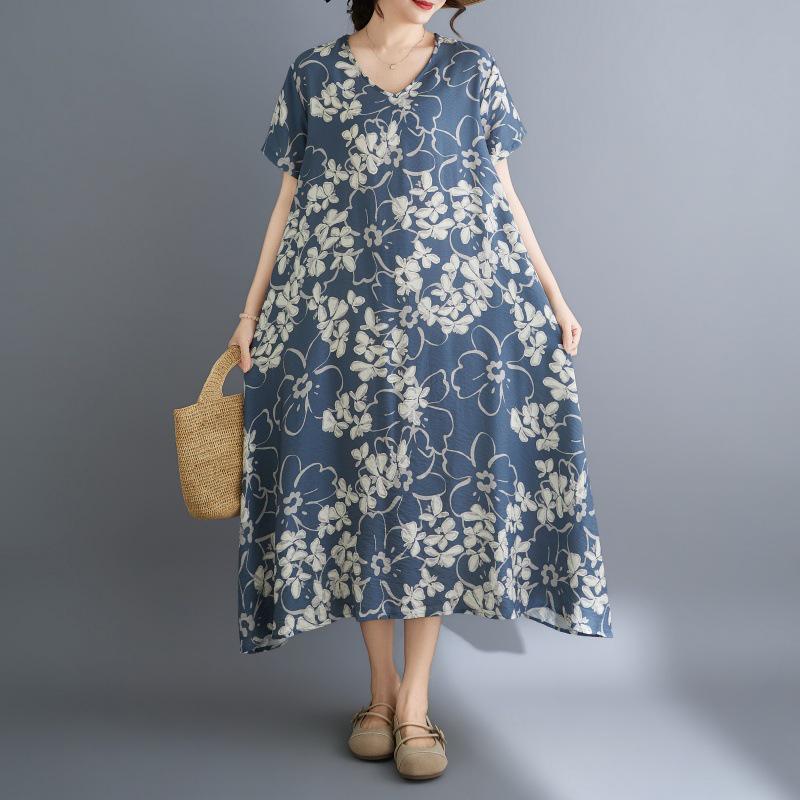 Summer 26 Retro Print V-Neck Irregular Hem Cotton Linen Long Dress Plus Size орхидейный