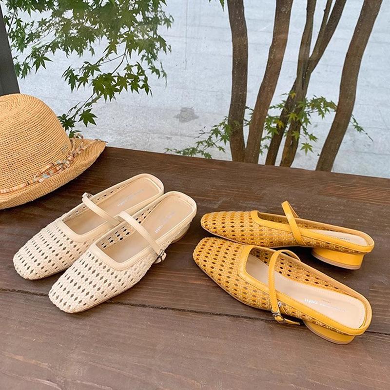 [Shei Su Yinyin] Paris vacation~ square head woven thick heel bag head Mary Jane slippers women's half drag sandals