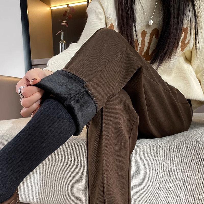 Woolen High-Waist Fleece-Lined Slimming Cigarette Pants, Autumn/Winter, Elastic Waist, Cropped Loose Fit