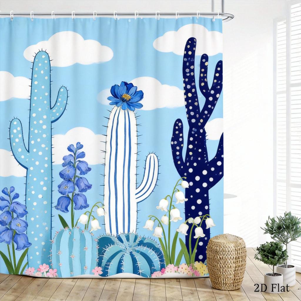Cactus Shower Curtain 180x180cm – Whimsical Desert Garden with Blooms, Boho Southwestern Bathroom Decor, 12 Hooks