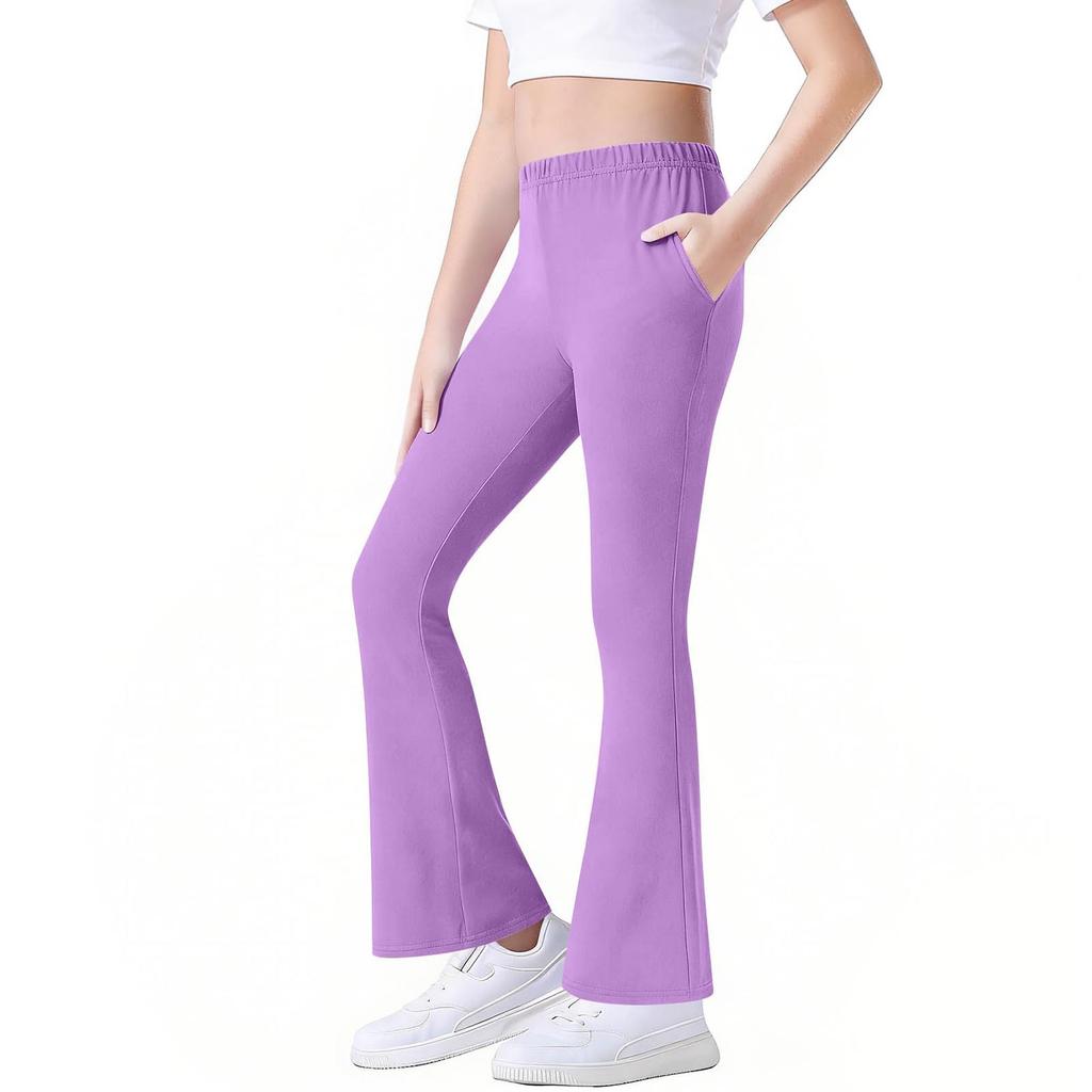 Girls Cotton Flared Pants with Pockets, Stretch Fit Flare Casual Pants for Kids