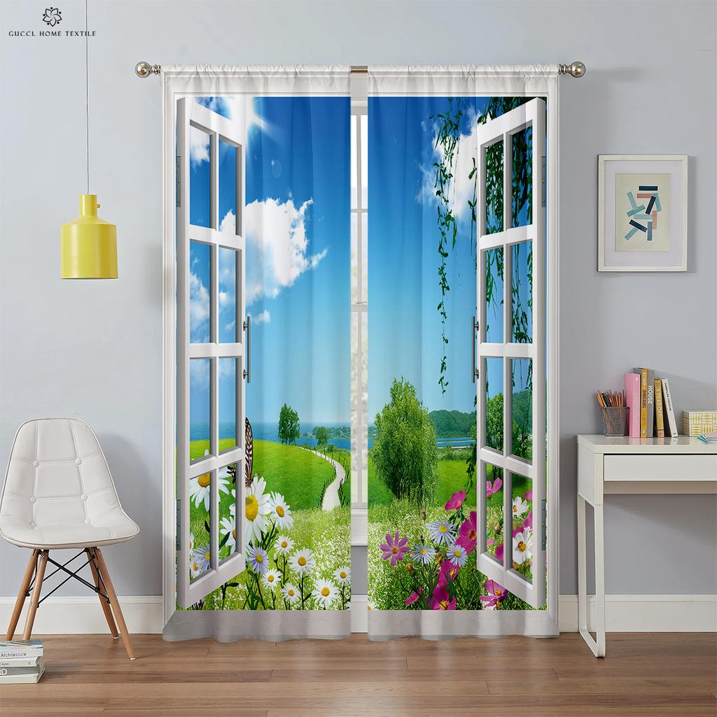 3D Printed Curtains for Bedroom, Living Room, Kitchen and Study Room, Realistic Sky Scenery Outside the Window, Blackout Curtain