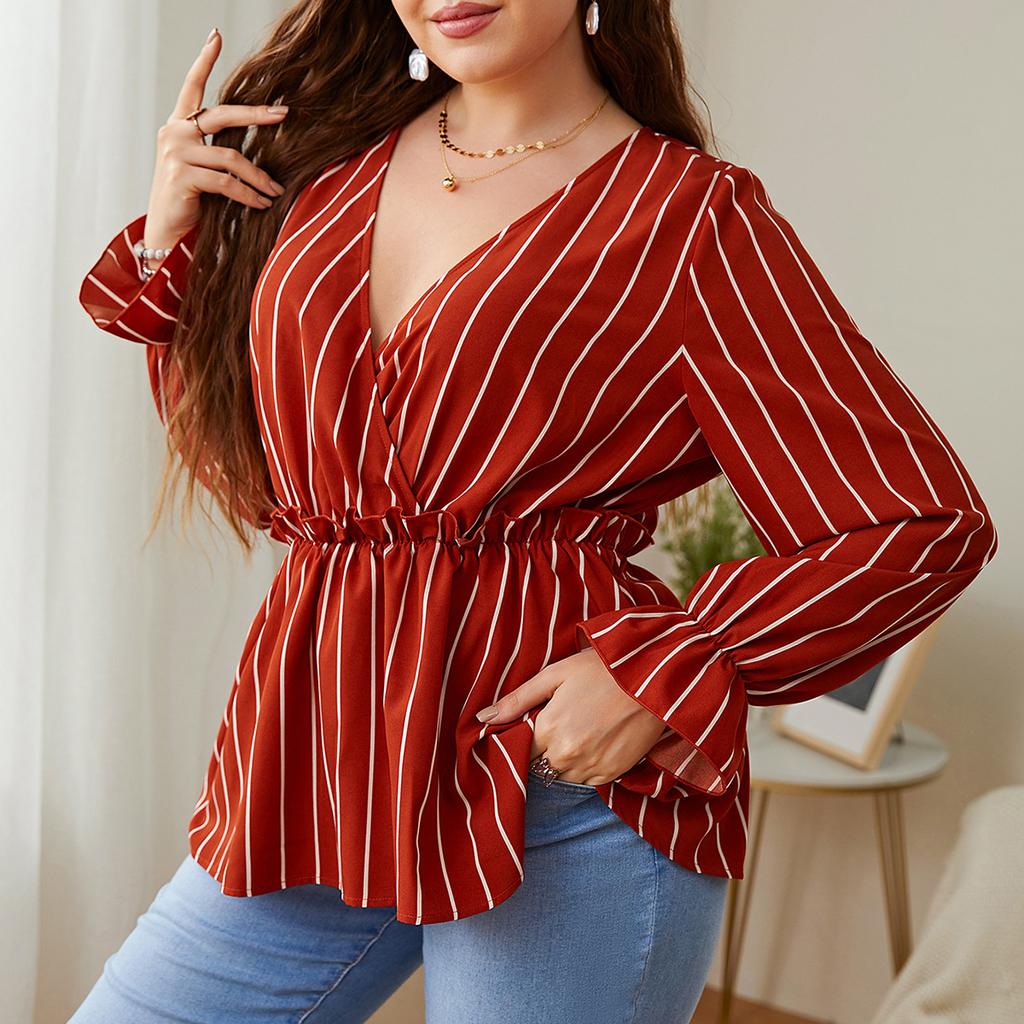 V-neck Striped Print Pullover Shirt for Women Long Ruffed Sleeve Peplum Loose Summer T-shirt Casual Commute Fashion Shirt Breathable Lightweight Shirt