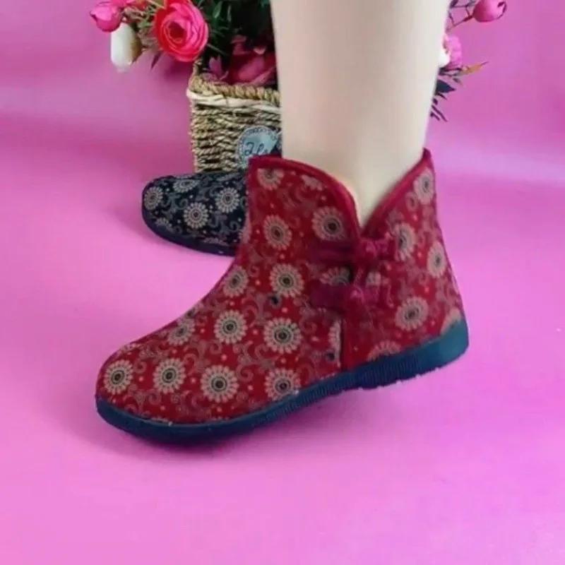 Winter Boots Non-Slip Booties Elderly Women Shoes Warm Print Snow Boots Furry Fur Velvet Cotton Cloth Cozy Ankle Boots