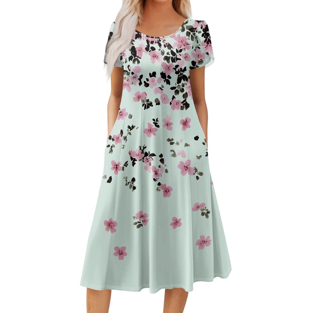 Women's Casual Fashion Round Neck Printed Short Sleeve Pocket Dress