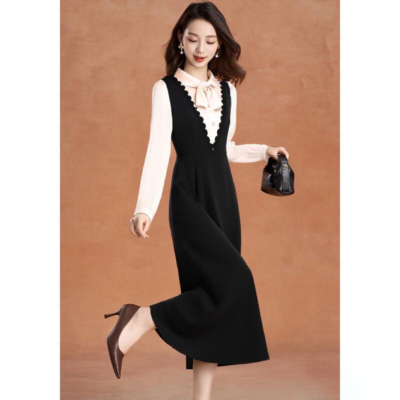 

Petite Black Faux Two-Piece Tie-Neck Dress 2XL