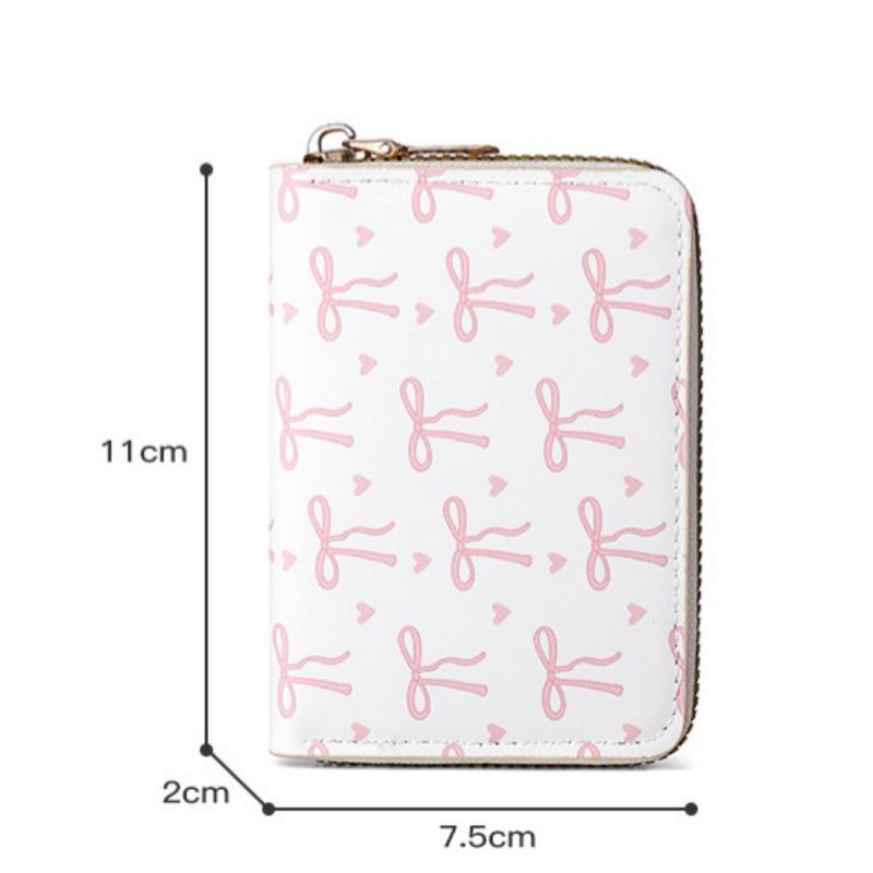 Cute Bow Print PU Leather Card Holder Multiple Slots Secure Zipper Coin Purse Small Wallet for Weekend Trips