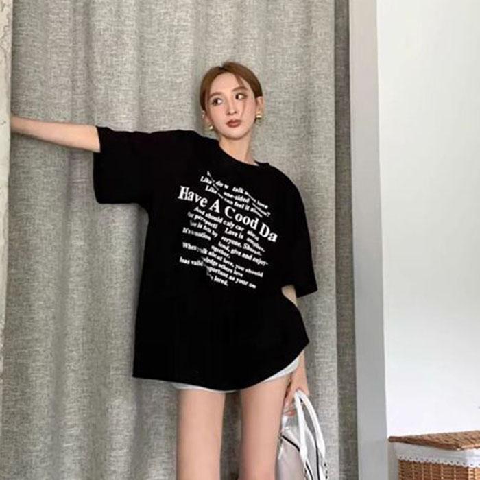 Ladies Summer Short Sleeve Round Collar Casual Letter Printed Teenager Pullover Oversize Cotton T Shirt Top