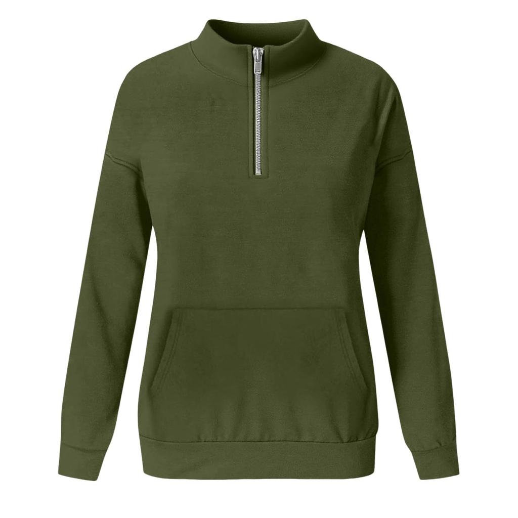 Women's Loose Fit Zip Up Sweatshirt Color Round Neck Long Sleeve Top