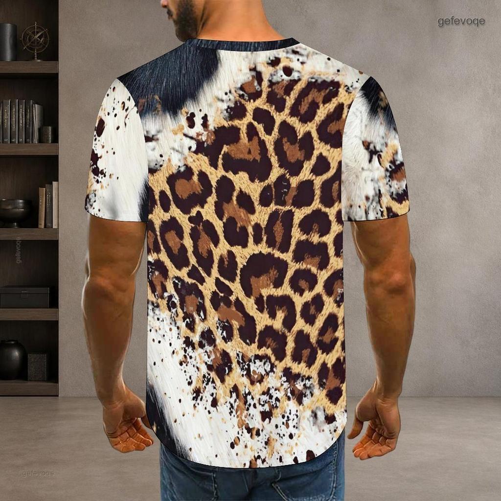 Men Plus Size Round Neck Short Sleeve T Shirt Classic Full Leopard Pattern Summer Hip Hop Casual Daily Tops