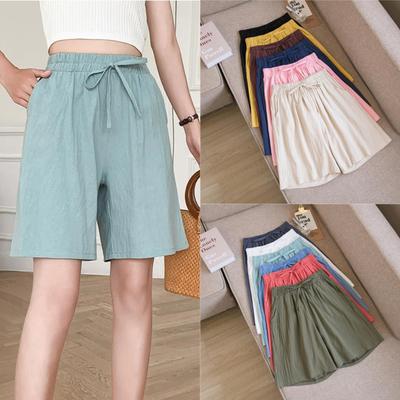 Women Cotton Linen Shorts,Summer Casual Solid Two Pockets Shorts High Waist Loose Shorts for Girls Soft Cool Female Shorts