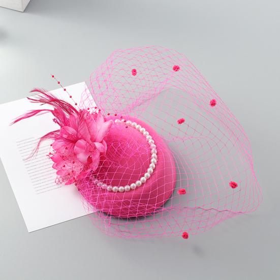Women Fascinator Hat Feather Mesh Imitation Pearls Decor Pillbox Hat Small Top Hat Daily Party Hair Accessory